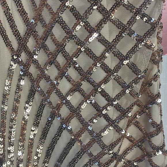 Sequined Beige and Bronze Evening Dress With Intricate Geometric Patterns - Picture 6 of 15